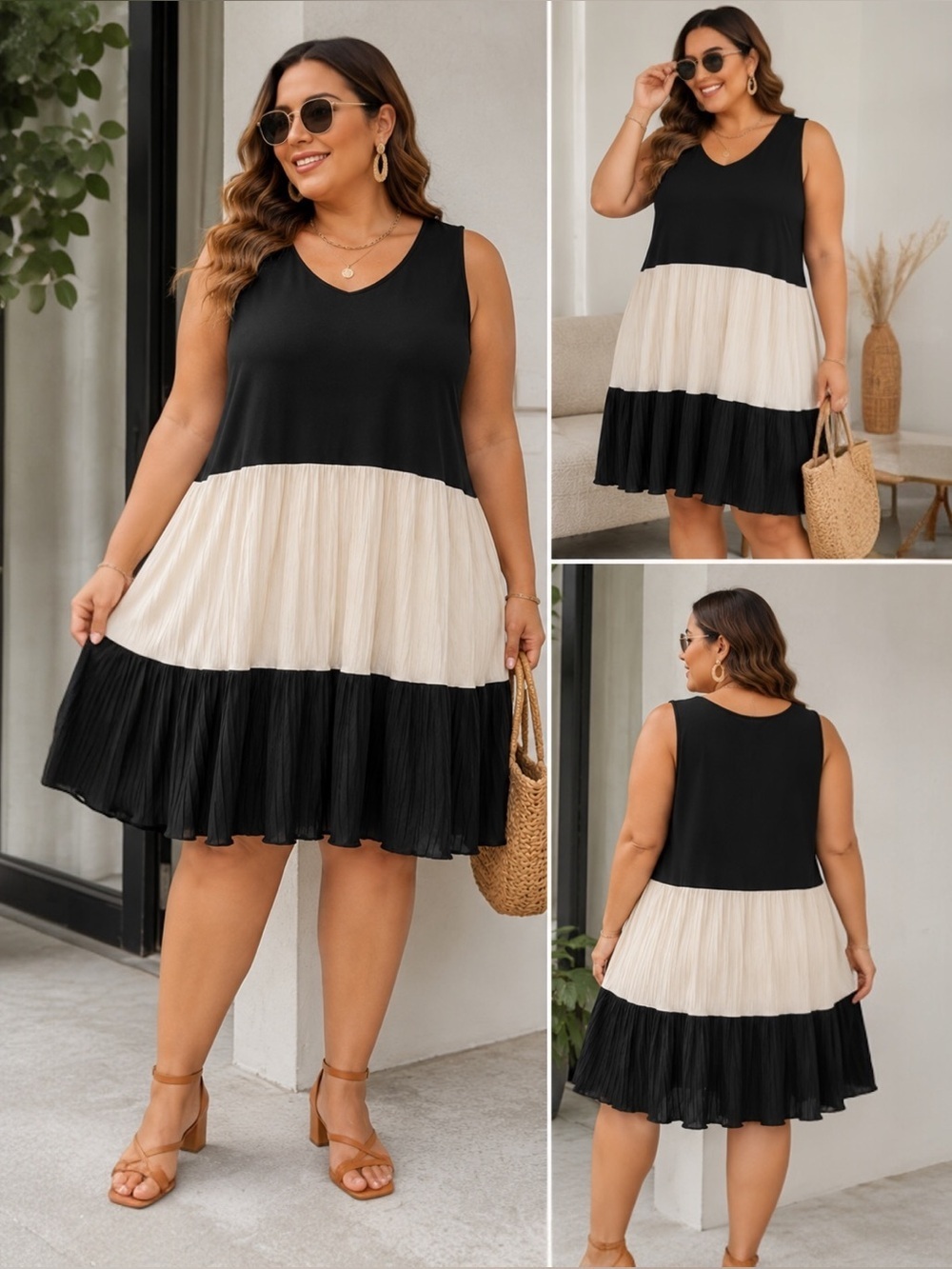 Unbranded Colorblock Pleated Sleeveless Swing Dress Women’s 2XL Black Cream.
